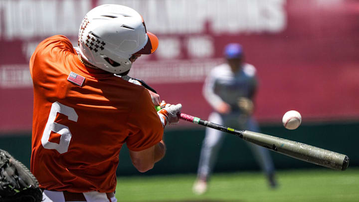Texas Longhorns catcher Rylan Galvan (6) swings at a ptich during the game against Florida at UFCU Disch-Falk Field on Sunday, May 11, 2025 in Austin.