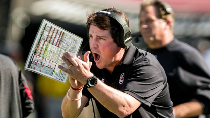 Texas Longhorns defensive coordinator Will Muschamp as the head coach of the South Carolina Gamecocks directs his team against the Texas A&M Aggies