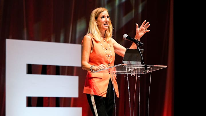 WNBA Commissioner Cathy Engelbert addresses attendees of a Cleveland WNBA event celebrating the return of professional women’s basketball to Ohio, Sept. 16, 2025, at Rocket Arena, in Cleveland.