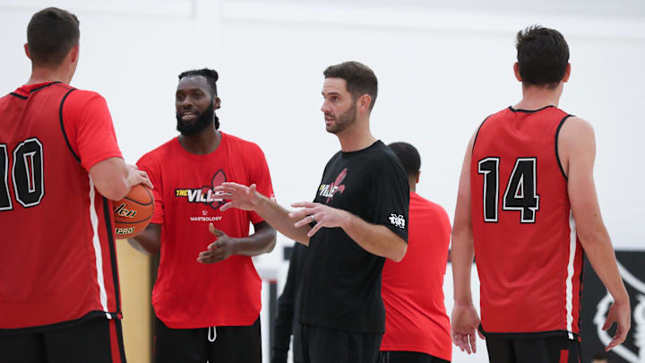 The Ville alumni team assistant coach and former U of L basketball player Luke Hancock conducts practice at the Kueber Center in Louisville, Ky. on July 18, 2023.