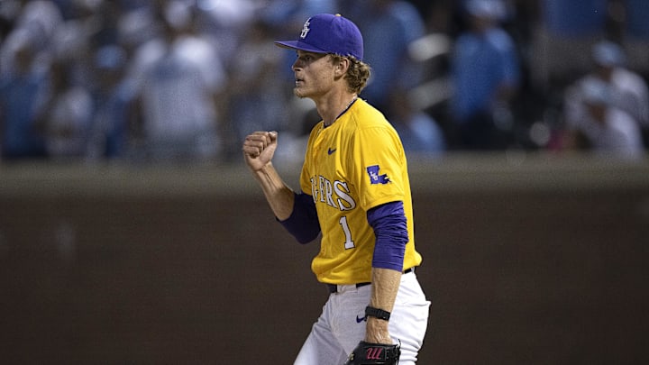 Jun 2, 2024; Chapel Hill, NC, USA; Louisiana State Tigers pitcher Gavin Guidry (1) reacts to the final out against the North Carolina Tar Heels in the ninth inning of the Div. I NCAA baseball regional at Boshamer Stadium.  Mandatory Credit: Jeffrey Camarati-Imagn Images.
