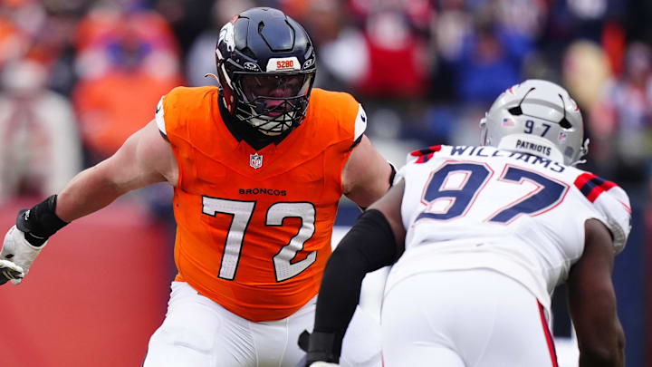 Denver Broncos offensive tackle Garett Bolles (72) blocks New England Patriots defensive end Milton Williams (97) during the first half in the 2026 AFC Championship Game at Empower Field at Mile High. 