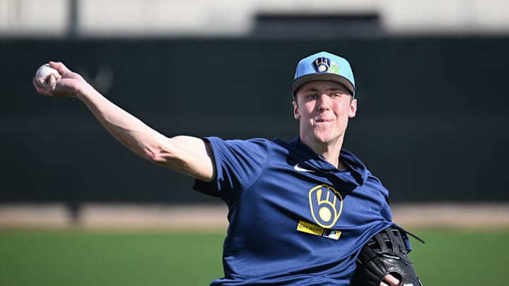 Milwaukee Brewers pitcher Jacob Misiorowski throws in the outfield during spring training workouts Sunday, February 15, 2026, at American Family Fields of Phoenix in Phoenix, Arizona. Milwaukee Brewers pitcher Jacob Misiorowski throws in the outfield during spring training workouts Sunday, February 15, 2026, at American Family Fields of Phoenix in Phoenix, Arizona.