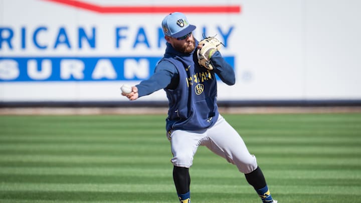 Milwaukee Brewers infielder Joey Ortiz (3) throws to second base during spring training workouts Tuesday, February 17, 2026, at American Family Fields of Phoenix in Phoenix, Arizona.