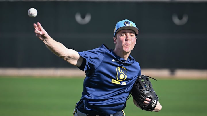 Milwaukee Brewers pitcher Jacob Misiorowski throws in the outfield during spring training workouts Sunday, February 15, 2026, at American Family Fields of Phoenix in Phoenix, Arizona.