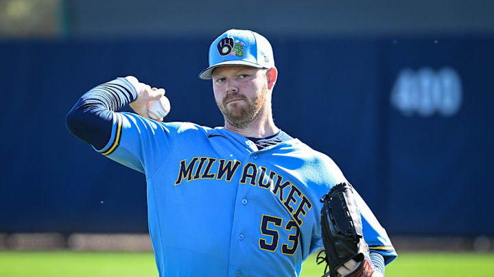 Milwaukee Brewers pitcher Brandon Woodruff (53) throws in the outfield during spring training workouts Saturday, February 14, 2026, at American Family Fields of Phoenix in Phoenix, Arizona.
