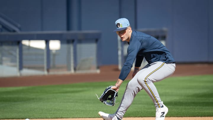 Milwaukee Brewers infielder Cooper Pratt fields a ground ball during spring training workouts Tuesday, February 17, 2026, at American Family Fields of Phoenix in Phoenix, Arizona.