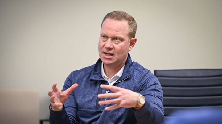 Matt Arnold, Milwaukee Brewers president of baseball operations and general manager, speaks with reporters Tuesday, February 17, 2026, at American Family Fields of Phoenix in Phoenix, Arizona. Matt Arnold, Milwaukee Brewers president of baseball operations and general manager, speaks with reporters Tuesday, February 17, 2026, at American Family Fields of Phoenix in Phoenix, Arizona.