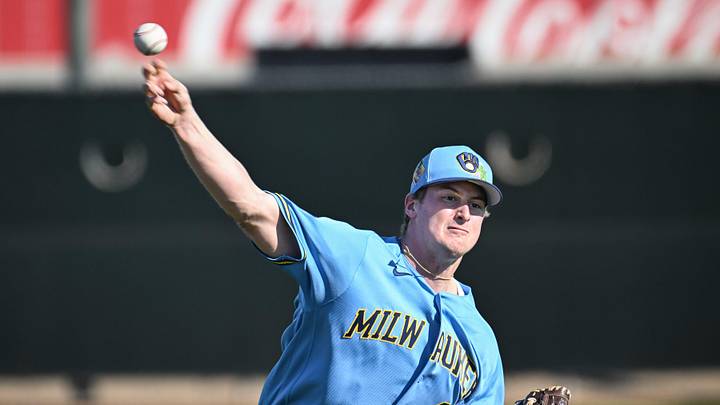 Milwaukee Brewers pitcher Quinn Priester (46) throws in the outfield during spring training workouts Saturday, February 14, 2026, at American Family Fields of Phoenix in Phoenix, Arizona.