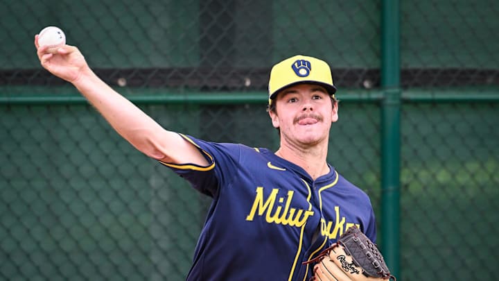 Milwaukee Brewers pitcher Logan Henderson throws in the bullpen during spring training workouts Monday, February 17, 2025, at American Family Fields of Phoenix in Phoenix, Arizona.