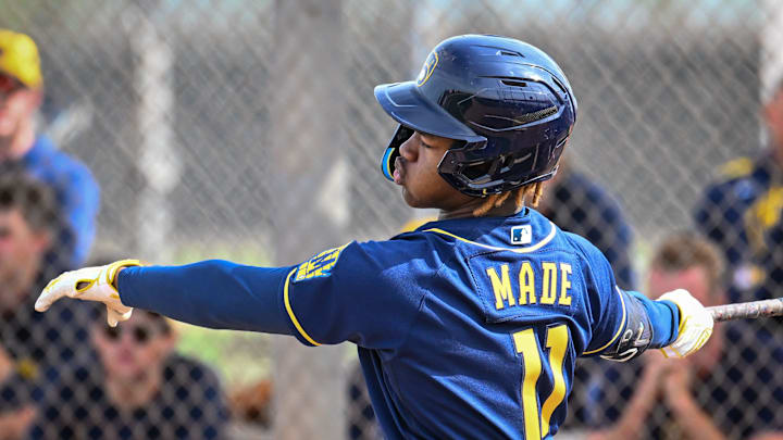 Milwaukee Brewers shortstop prospect Jesus Made swings the bat during spring training workouts Monday, February 17, 2025, at American Family Fields of Phoenix in Phoenix, Arizona.