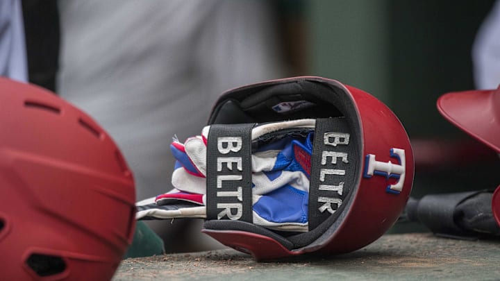 A view of the batting helmet and batting gloves and elbow guard of Texas Rangers third baseman Adrian Beltre (not pictured) after Beltre leaves the game against the Seattle Mariners at Globe Life Park in Arlington in 2018.