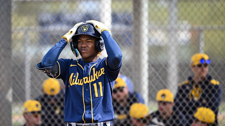 Milwaukee Brewers shortstop prospect Jesus Made prepares to hit during spring training workouts Monday, February 17, 2025, at American Family Fields of Phoenix in Phoenix, Arizona.