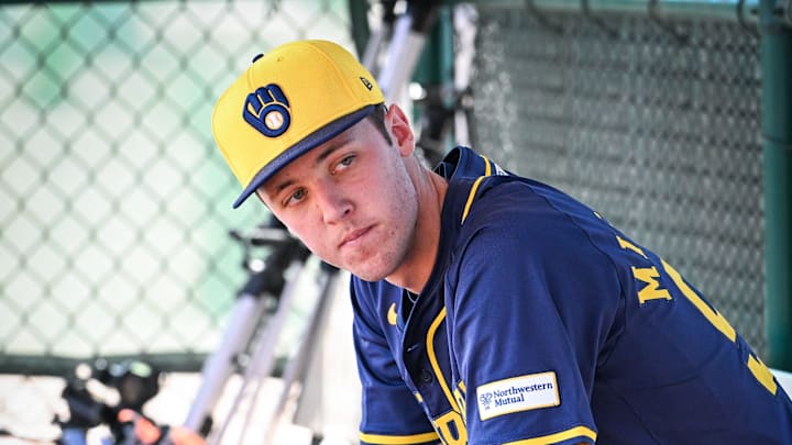 Milwaukee Brewers pitcher Jacob Misiorowski sits in the dugout during spring training workouts Tuesday, February 18, 2025, at American Family Fields of Phoenix in Phoenix, Arizona.
