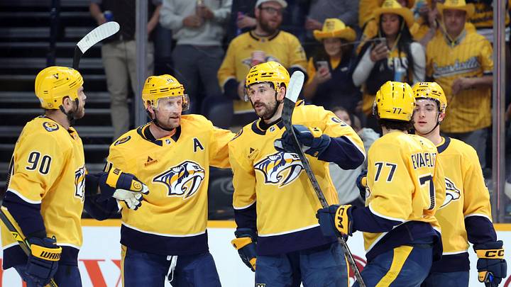 Apr 16, 2026; Nashville, Tennessee, USA; The Nashville Predators celebrate a goal by Nashville Predators left wing Filip Forsberg (9) during the first period against the Anaheim Ducks at Bridgestone Arena. Mandatory Credit: Alan Poizner-Imagn Images Apr 16, 2026; Nashville, Tennessee, USA; The Nashville Predators celebrate a goal by Nashville Predators left wing Filip Forsberg (9) during the first period against the Anaheim Ducks at Bridgestone Arena. Mandatory Credit: Alan Poizner-Imagn Images
