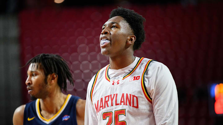 Nov 19, 2024; College Park, Maryland, USA; Maryland Terrapins center Derik Queen (25) looks on during the second half against the Canisius Golden Griffins at Xfinity Center. Mandatory Credit: Reggie Hildred-Imagn Images