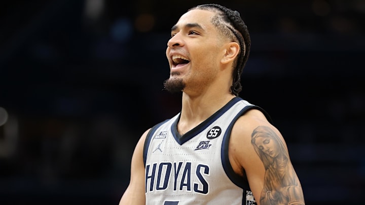 Jan 31, 2025; Washington, District of Columbia, USA; Georgetown Hoyas guard Micah Peavy (5) celebrates during the second half against the Butler Bulldogs at Capital One Arena. Mandatory Credit: Daniel Kucin Jr.-Imagn Images