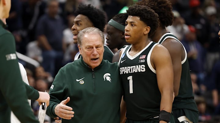 Mar 27, 2026; Washington, DC, USA; Michigan State Spartans head coach Tom Izzo talks with guard Jeremy Fears Jr. (1) in the second half during a Sweet Sixteen game of the East Regional of the men's 2026 NCAA Tournament at Capital One Arena. Mandatory Credit: Geoff Burke-Imagn Images