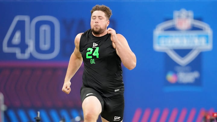 Mar 1, 2026; Indianapolis, IN, USA;  Georgia offensive lineman Monroe Freeling (OL24) during the NFL Scouting Combine at Lucas Oil Stadium. Mandatory Credit: Kirby Lee-Imagn Images