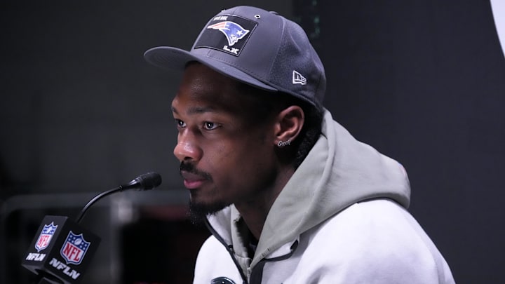 Feb 2, 2026; San Jose, CA, USA; New England Patriots wide receiver Stefon Diggs (8) speaks to the media during Opening Night for Super Bowl LX at San Jose Convention Center. Mandatory Credit: Kirby Lee-Imagn Images