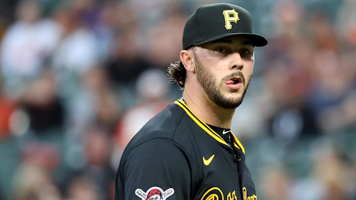 Sep 10, 2025; Baltimore, Maryland, USA; Pittsburgh Pirates pitcher Paul Skenes (30) looks on during the first inning against Baltimore Orioles at Oriole Park at Camden Yards. Mandatory Credit: Daniel Kucin Jr.-Imagn Images