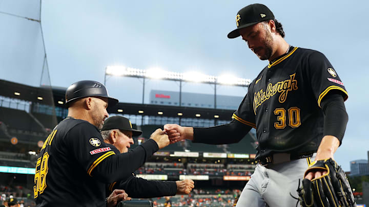 Sep 10, 2025; Baltimore, Maryland, USA; Pittsburgh Pirates pitcher Paul Skenes (30) walks off of the field during the second inning against the Baltimore Orioles at Oriole Park at Camden Yards. Mandatory Credit: Daniel Kucin Jr.-Imagn Images