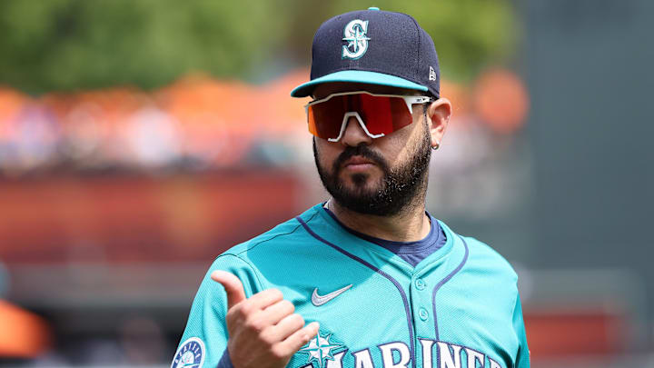Aug 14, 2025; Baltimore, Maryland, USA; Seattle Mariners third baseman Eugenio Suarez (28) looks on before a game against the Baltimore Orioles at Oriole Park at Camden Yards. Mandatory Credit: Daniel Kucin Jr.-Imagn Images