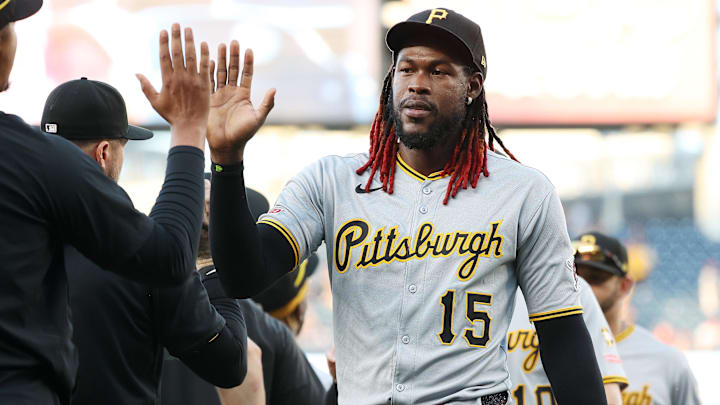 Sep 13, 2025; Washington, District of Columbia, USA; Pittsburgh Pirates outfielder Oneil Cruz (15) celebrates with his teammates after a game against the Washington Nationals at Nationals Park. Mandatory Credit: Daniel Kucin Jr.-Imagn Images