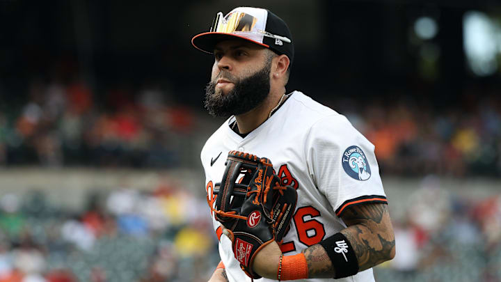 Aug 29, 2025; Washington, District of Columbia, USA; Baltimore Orioles third baseman Emmanuel Rivera (26) runs off of the field during the eighth inning against the Boston Red Sox at Nationals Park. Mandatory Credit: Daniel Kucin Jr.-Imagn Images