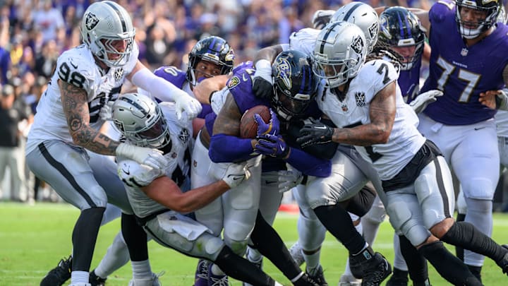 Sep 15, 2024; Baltimore, Maryland, USA; Baltimore Ravens running back Derrick Henry (22) runs for a touchdown during the second half against the Las Vegas Raiders at M&T Bank Stadium. Mandatory Credit: Reggie Hildred-Imagn Images Sep 15, 2024; Baltimore, Maryland, USA; Baltimore Ravens running back Derrick Henry (22) runs for a touchdown during the second half against the Las Vegas Raiders at M&T Bank Stadium. Mandatory Credit: Reggie Hildred-Imagn Images