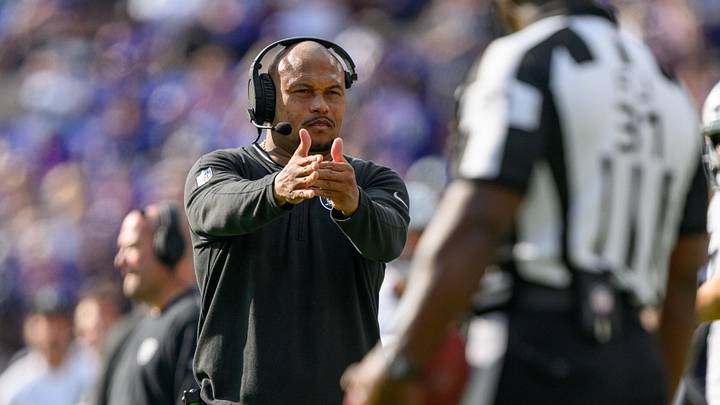 Sep 15, 2024; Baltimore, Maryland, USA; Las Vegas Raiders head coach Antonio Pierce calls a time out during the second half against the Baltimore Ravens at M&T Bank Stadium. Mandatory Credit: Reggie Hildred-Imagn Images