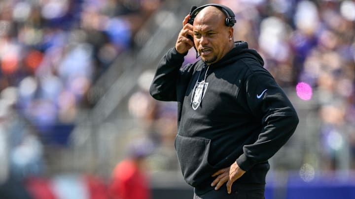 Sep 15, 2024; Baltimore, Maryland, USA; Las Vegas Raiders head coach Antonio Pierce looks on from the sideline during the first half against the Baltimore Ravens at M&T Bank Stadium. Mandatory Credit: Reggie Hildred-Imagn Images