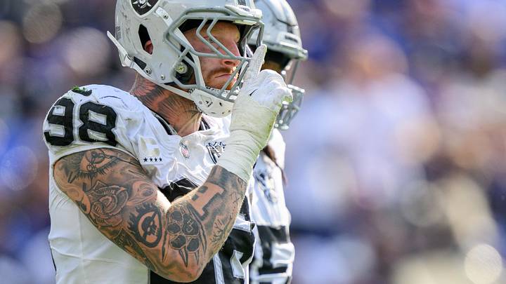 Sep 15, 2024; Baltimore, Maryland, USA; Las Vegas Raiders defensive end Maxx Crosby (98) celebrates after a sack during the second half against the Baltimore Ravens at M&T Bank Stadium. Mandatory Credit: Reggie Hildred-Imagn Images