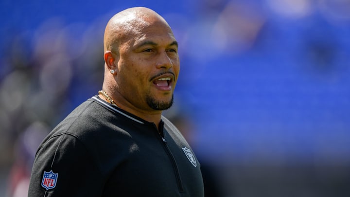 Sep 15, 2024; Baltimore, Maryland, USA; Las Vegas Raiders head coach Antonio Pierce during warms up before a game against the Baltimore Ravens at M&T Bank Stadium. Mandatory Credit: Reggie Hildred-Imagn Images