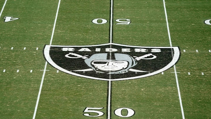 Nov 17, 2019; Oakland, CA, USA; General overall the Oakland Raiders shield logo at midfield at Oakland-Alameda County Coliseum. Mandatory Credit: Kirby Lee-Imagn Images