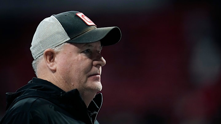 Ohio State offensive coordinator Chip Kelly watches warm ups before the start of the College Football Playoff National Championship at Mercedes-Benz Stadium in Atlanta on January 20, 2025.