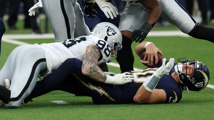 Nov 30, 2025; Inglewood, California, USA; Las Vegas Raiders defensive end Maxx Crosby (98) sacks Los Angeles Chargers quarterback Justin Herbert (10) during the second half at SoFi Stadium. Mandatory Credit: Kiyoshi Mio-Imagn Images Nov 30, 2025; Inglewood, California, USA; Las Vegas Raiders defensive end Maxx Crosby (98) sacks Los Angeles Chargers quarterback Justin Herbert (10) during the second half at SoFi Stadium. Mandatory Credit: Kiyoshi Mio-Imagn Images