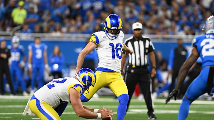 Sep 8, 2024; Detroit, Michigan, USA; Los Angeles Rams place kicker Joshua Karty (16) kicks a first quarter field goal against the Detroit Lions at Ford Field. Mandatory Credit: Lon Horwedel-Imagn Images
