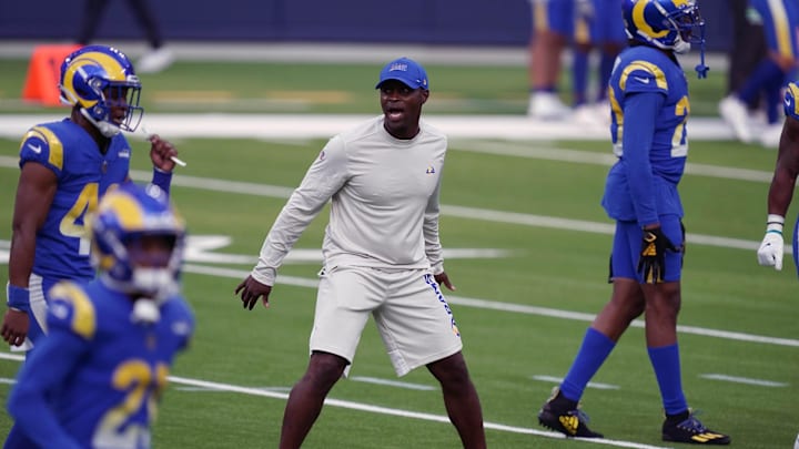 Aug 22, 2020; Inglewood California, USA; Los Angeles Rams safety coach Ejiro Evero  during a scrimmage at SoFi Stadium. Mandatory Credit: Kirby Lee-Imagn Images
