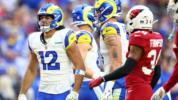 Dec 7, 2025; Glendale, Arizona, USA; Los Angeles Rams wide receiver Puka Nacua (12) reacts during the first half at State Farm Stadium. Mandatory Credit: Mark J. Rebilas-Imagn Images Dec 7, 2025; Glendale, Arizona, USA; Los Angeles Rams wide receiver Puka Nacua (12) reacts during the first half at State Farm Stadium. Mandatory Credit: Mark J. Rebilas-Imagn Images
