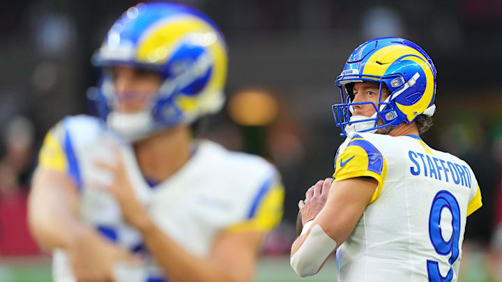 Dec 7, 2025; Glendale, Arizona, USA; Los Angeles Rams quarterback Matthew Stafford (9) practices before the game at State Farm Stadium. Mandatory Credit: Joe Camporeale-Imagn Images Dec 7, 2025; Glendale, Arizona, USA; Los Angeles Rams quarterback Matthew Stafford (9) practices before the game at State Farm Stadium. Mandatory Credit: Joe Camporeale-Imagn Images