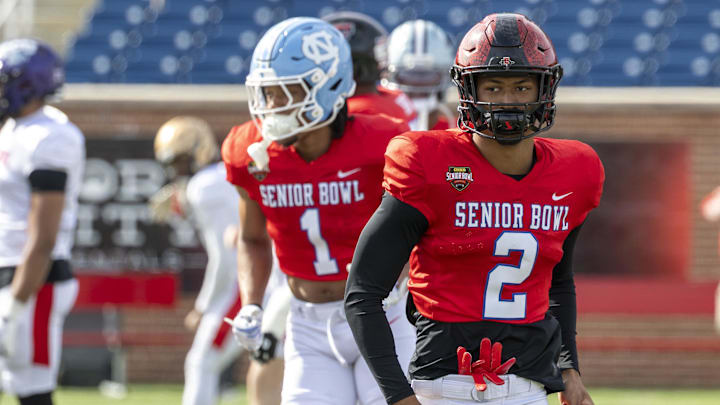 Jan 29, 2026; Mobile, AL, USA; National cornerback Chris Johnson (2) of San Diego State practices during National Senior Bowl practice at Hancock Whitney Stadium. Mandatory Credit: Vasha Hunt-Imagn Images