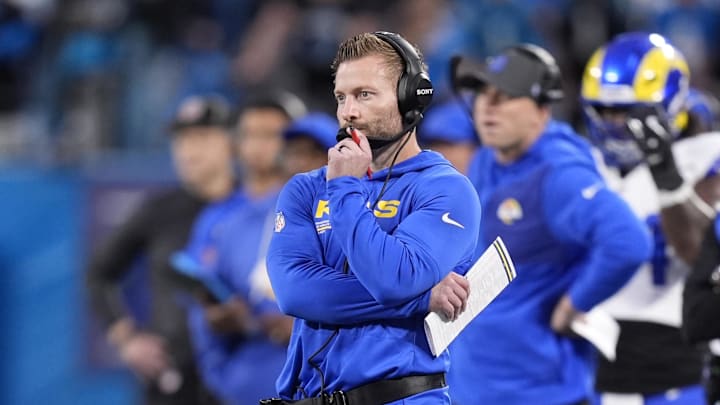 Jan 10, 2026; Charlotte, NC, USA; Los Angeles Rams head coach Sean McVay in the first half during the NFC Wild Card Round game at Bank of America Stadium. Mandatory Credit: Jim Dedmon-Imagn Images
