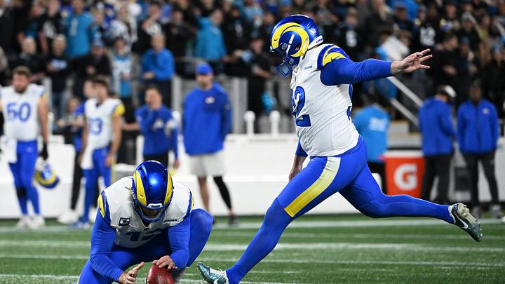 Jan 10, 2026; Charlotte, NC, USA; Los Angeles Rams place kicker Harrison Mevis (92) kicks a field goal against the Carolina Panthers in the first half during the NFC Wild Card Round game at Bank of America Stadium. Mandatory Credit: Bob Donnan-Imagn Images Jan 10, 2026; Charlotte, NC, USA; Los Angeles Rams place kicker Harrison Mevis (92) kicks a field goal against the Carolina Panthers in the first half during the NFC Wild Card Round game at Bank of America Stadium. Mandatory Credit: Bob Donnan-Imagn Images