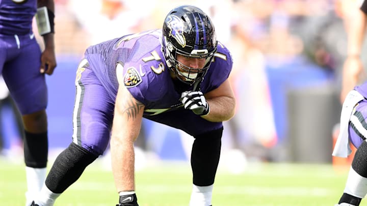 Sep 29, 2019; Baltimore, MD, USA;  Baltimore Ravens offensive guard Marshal Yanda (73) looks on during a football game against the Cleveland Browns in the second quarter at M&T Bank Stadium. Mandatory Credit: Mitchell Layton-Imagn Images