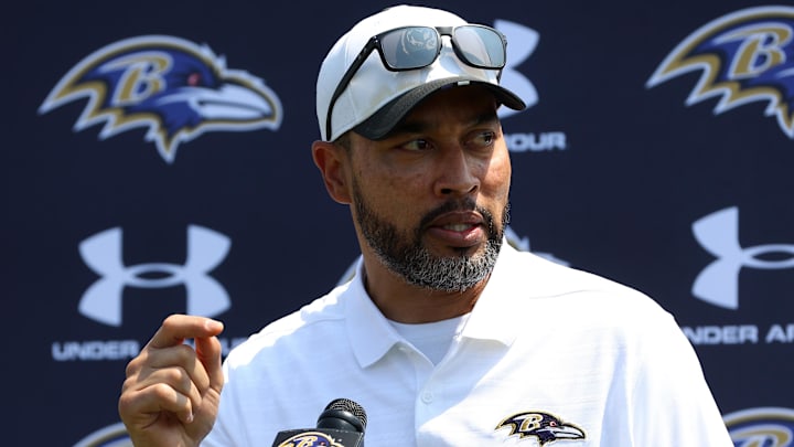 Jun 11, 2025; Baltimore, MD, USA; Baltimore Ravens pass rush coach Chuck Smith speaks after an NFL OTA at Under Armour Performance Center. Mandatory Credit: Daniel Kucin Jr.-Imagn Images