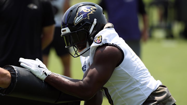 Jun 11, 2025; Baltimore, MD, USA; Baltimore Ravens linebacker Roquan Smith (0) performs a drill during an NFL OTA at Under Armour Performance Center. Mandatory Credit: Daniel Kucin Jr.-Imagn Images