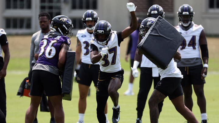 Jun 11, 2025; Baltimore, MD, USA; Baltimore Ravens cornerback Robert Longerbeam (37) performs a drill during an NFL OTA at Under Armour Performance Center. Mandatory Credit: Daniel Kucin Jr.-Imagn Images