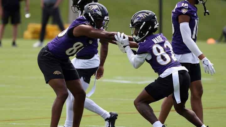 Jun 10, 2025; Baltimore, MD, USA; Baltimore Ravens wide receiver Jahmal Banks (86) and Baltimore Ravens wide receiver Dayton Wade (82) perform a drill during an NFL OTA at Under Armour Performance Center. Mandatory Credit: Daniel Kucin Jr.-Imagn Images Jun 10, 2025; Baltimore, MD, USA; Baltimore Ravens wide receiver Jahmal Banks (86) and Baltimore Ravens wide receiver Dayton Wade (82) perform a drill during an NFL OTA at Under Armour Performance Center. Mandatory Credit: Daniel Kucin Jr.-Imagn Images