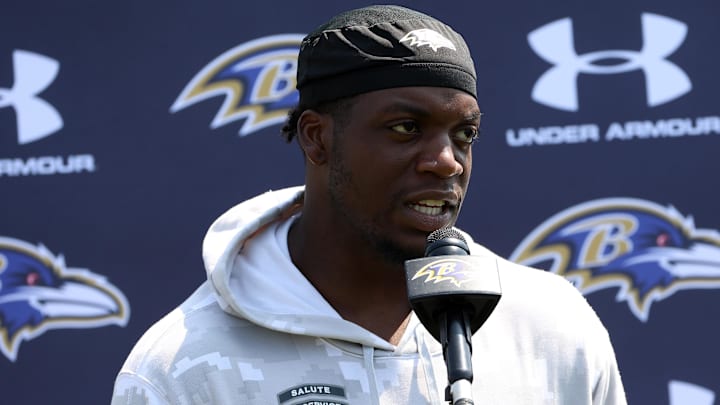 Jun 11, 2025; Baltimore, MD, USA; Baltimore Ravens linebacker Adisa Isaac (50) speaks after an NFL OTA at Under Armour Performance Center. Mandatory Credit: Daniel Kucin Jr.-Imagn Images